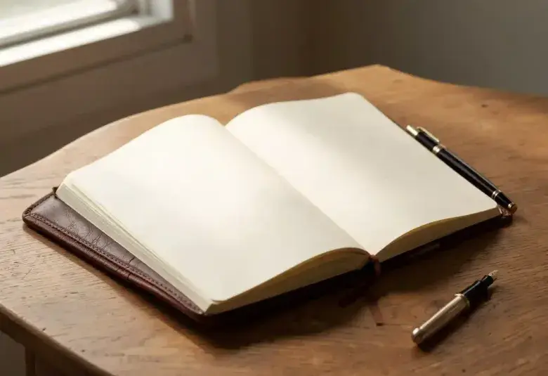 Open leather journal and fountain pen on a sunlit wooden desk, ready for writing