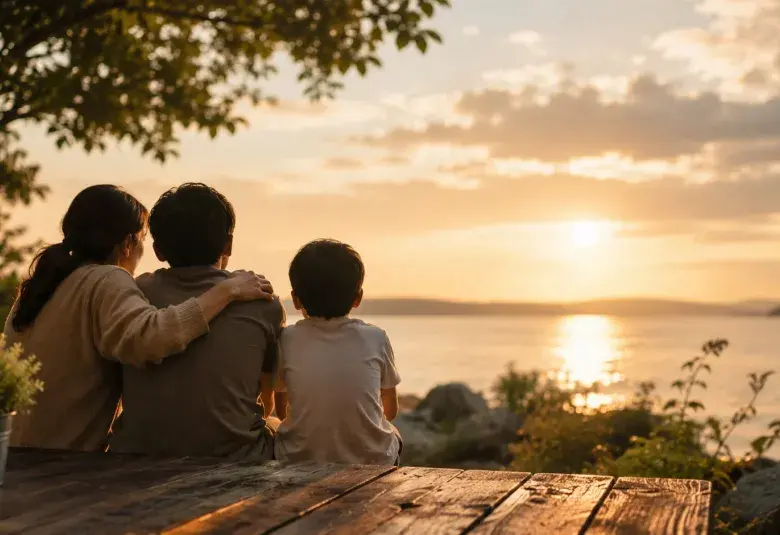 family wathcing the sunset