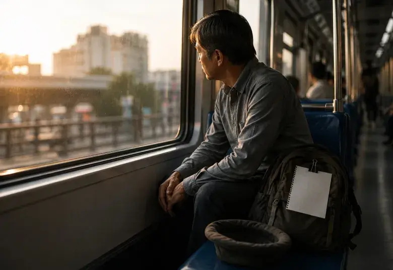 man on the train with a backpack 