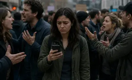 A person standing in a crowd, looking at their phone with a confused and sad expression while people around them are arguing
