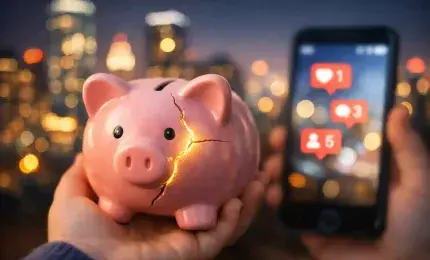 Cracked piggy bank with city lights and social media background representing childhood beliefs about money versus adult reality of power