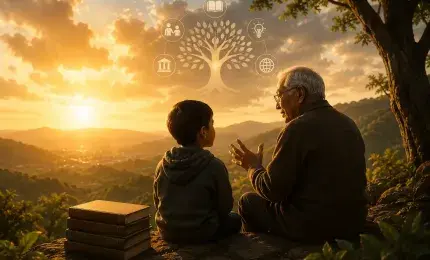 Grandparent mentoring a child, representing wisdom passed between generations