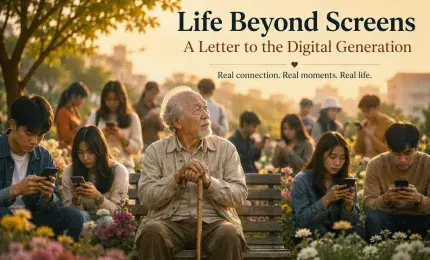 an old man sorrounded by a younger generations with their phone 