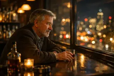 Man reflecting on years of alcohol abuse and life struggles