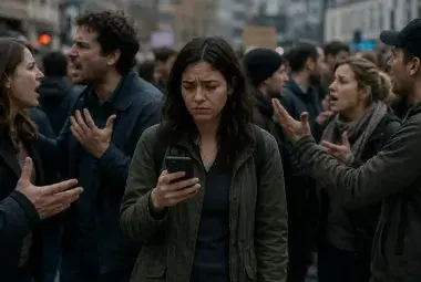 A person standing in a crowd, looking at their phone with a confused and sad expression while people around them are arguing