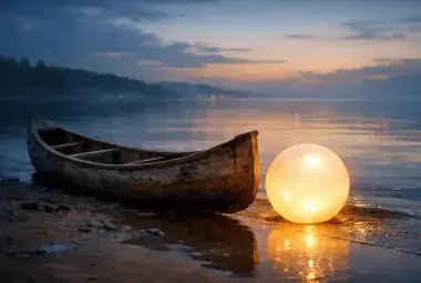 A weathered canoe and glowing pearl on a shoreline symbolizing ambition, family, and loss in The Pearl