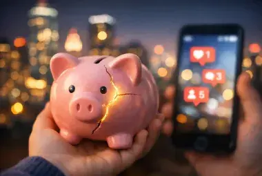 Cracked piggy bank with city lights and social media background representing childhood beliefs about money versus adult reality of power