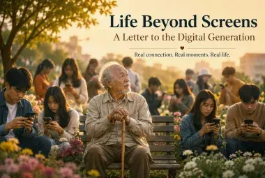 an old man sorrounded by a younger generations with their phone 