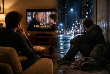 Man watching The Ultimate Gift while remembering his time living on the streets