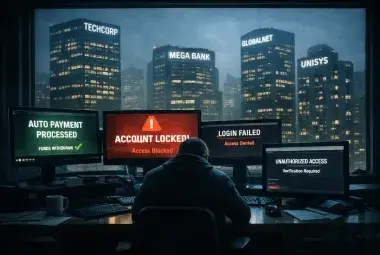Person facing confusing digital billing systems beneath towering corporate buildings