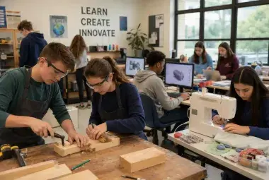 Teen students learning practical skills in a school workshop with traditional and modern tools