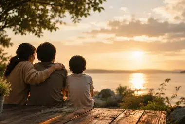 family wathcing the sunset