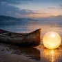 A weathered canoe and glowing pearl on a shoreline symbolizing ambition, family, and loss in The Pearl