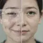 Split portrait of a person's face, one side with a faint forced smile and digital icons, the other side calm and, representing the contrast between performed happiness and inner truth