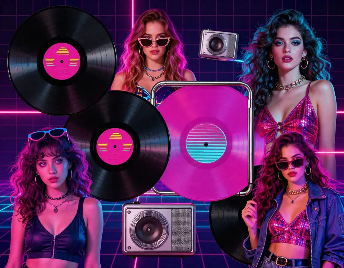 collage of 1980s pop culture icons with neon colors and bold fashion