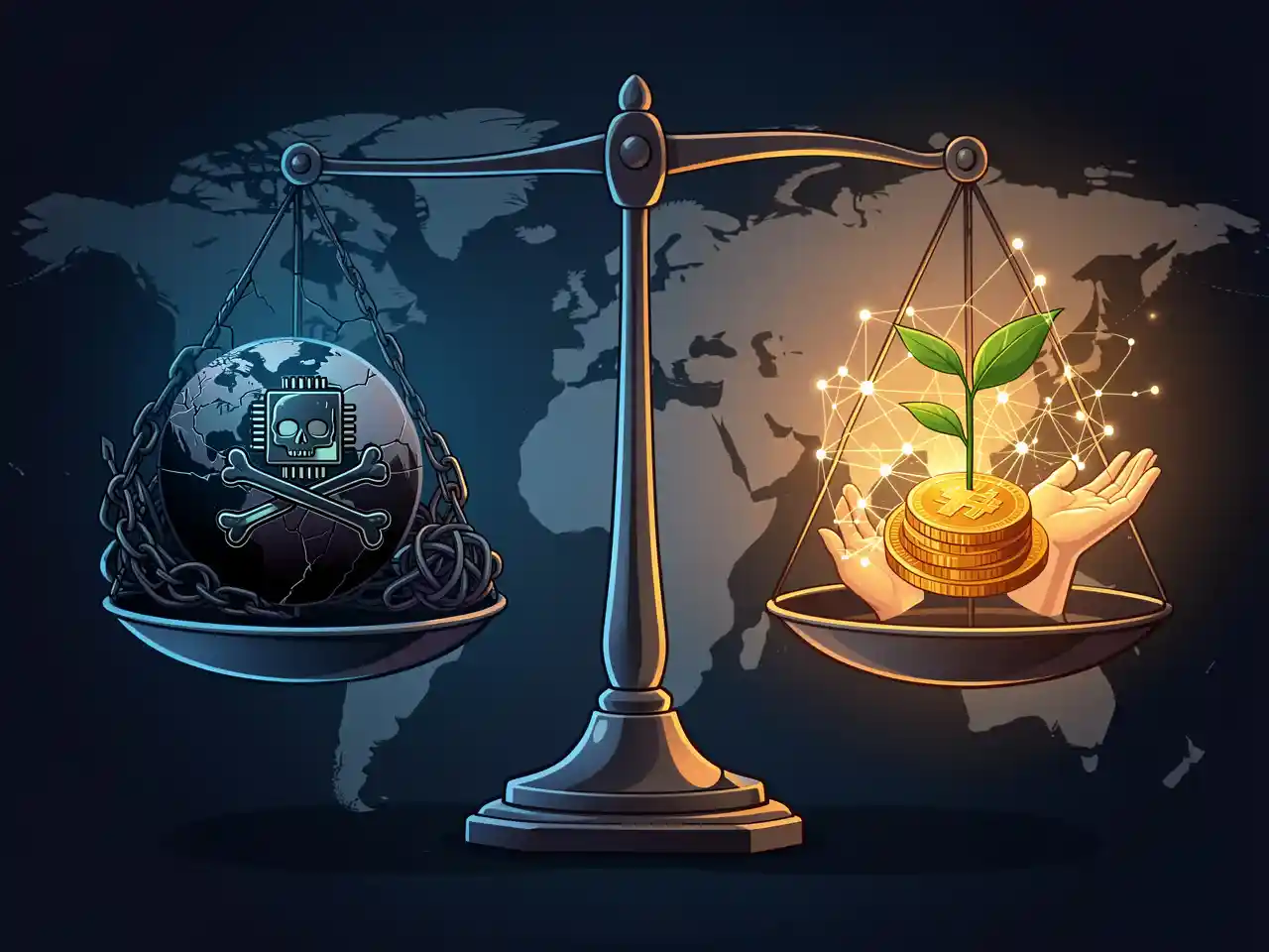 A balanced scale with dark warning symbols on one side and bright opportunity symbols on the other, representing the global divide between crypto risks and opportunities highlighted by the IMF and World Bank