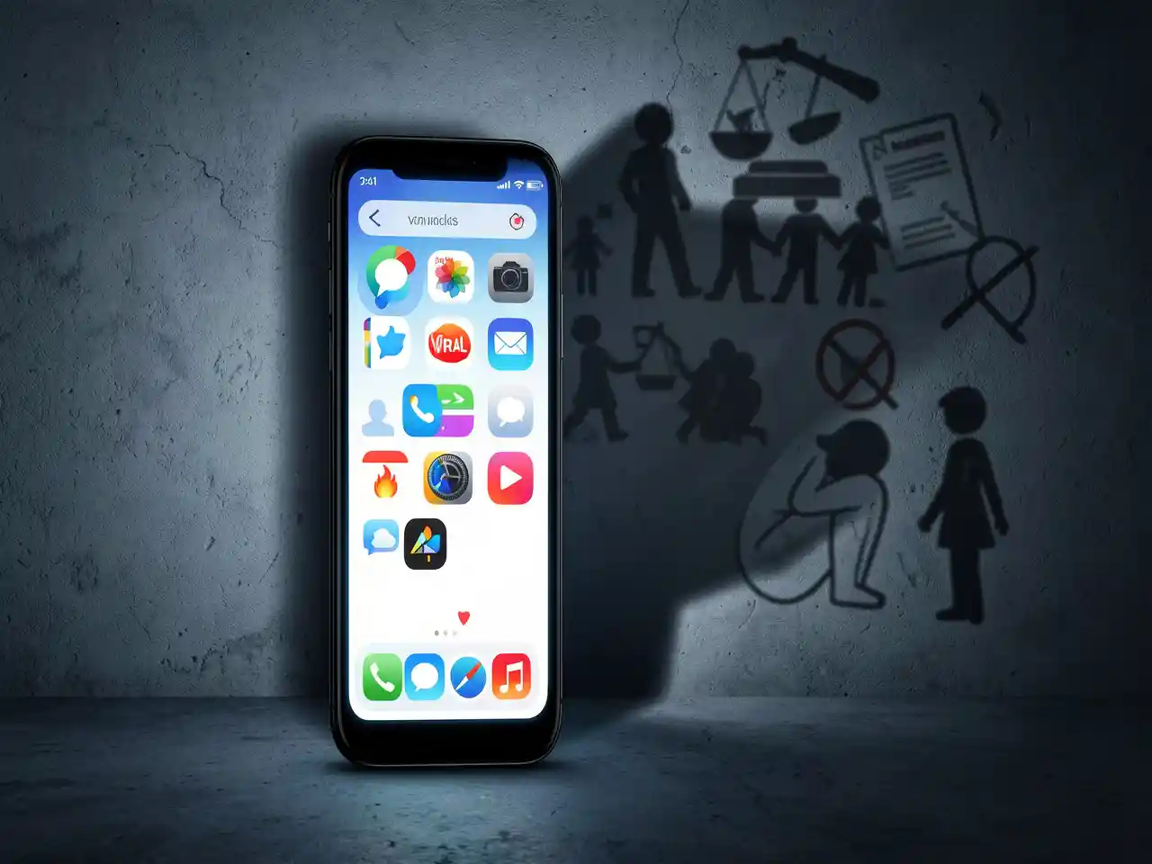 A bright smartphone screen showing viral icons casting a long shadow containing faint outlines of a gavel, a broken family, and a distressed figure, symbolizing the hidden emotional, legal, and personal costs of viral fame