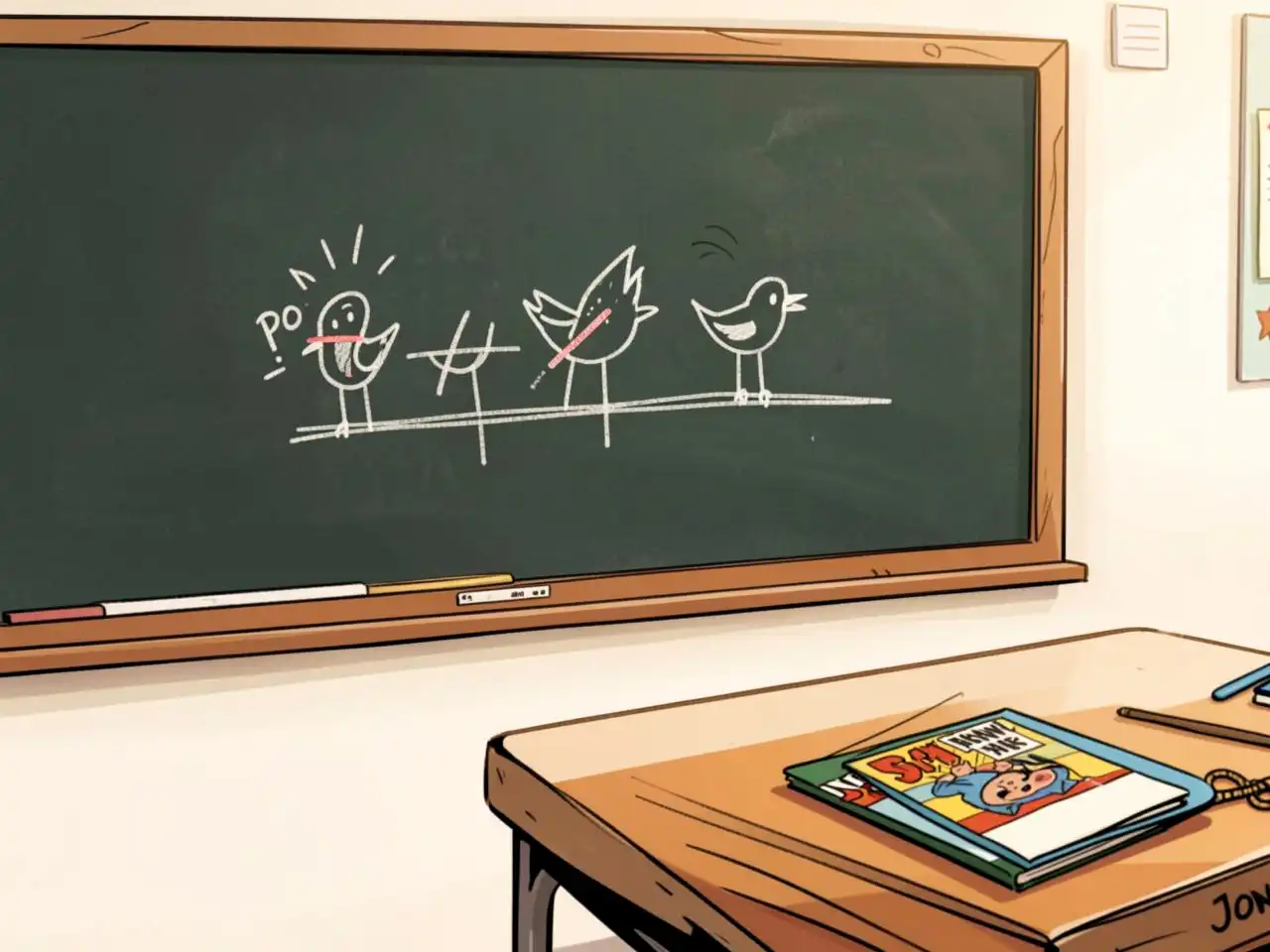 A classroom blackboard with a simple drawing of three birds on a fence, one with a puff of smoke, suggesting it's gone