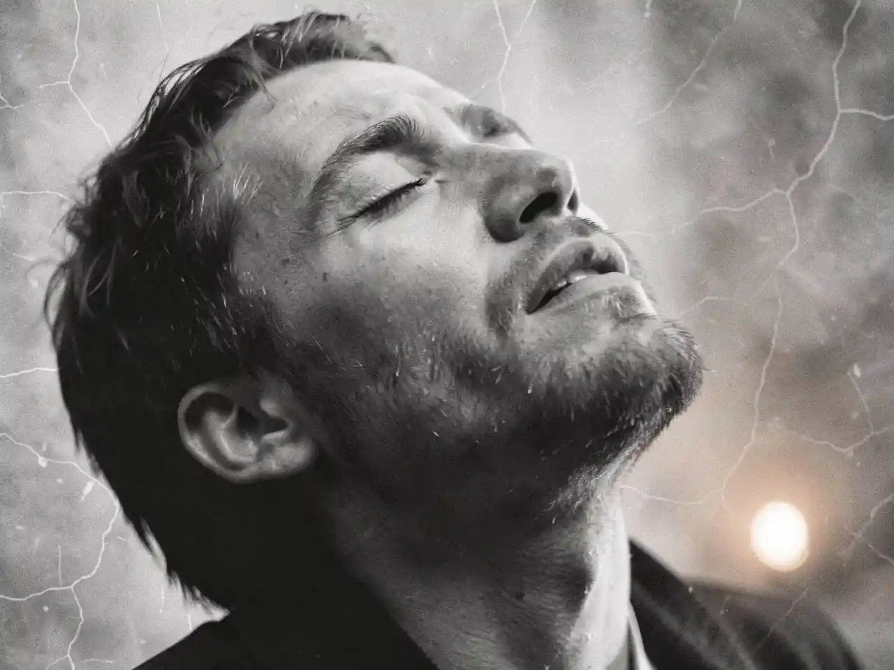 A close-up of a person's face in an emotional moment, symbolizing the raw vulnerability and inner struggle in Linkin Park's "Crawling."