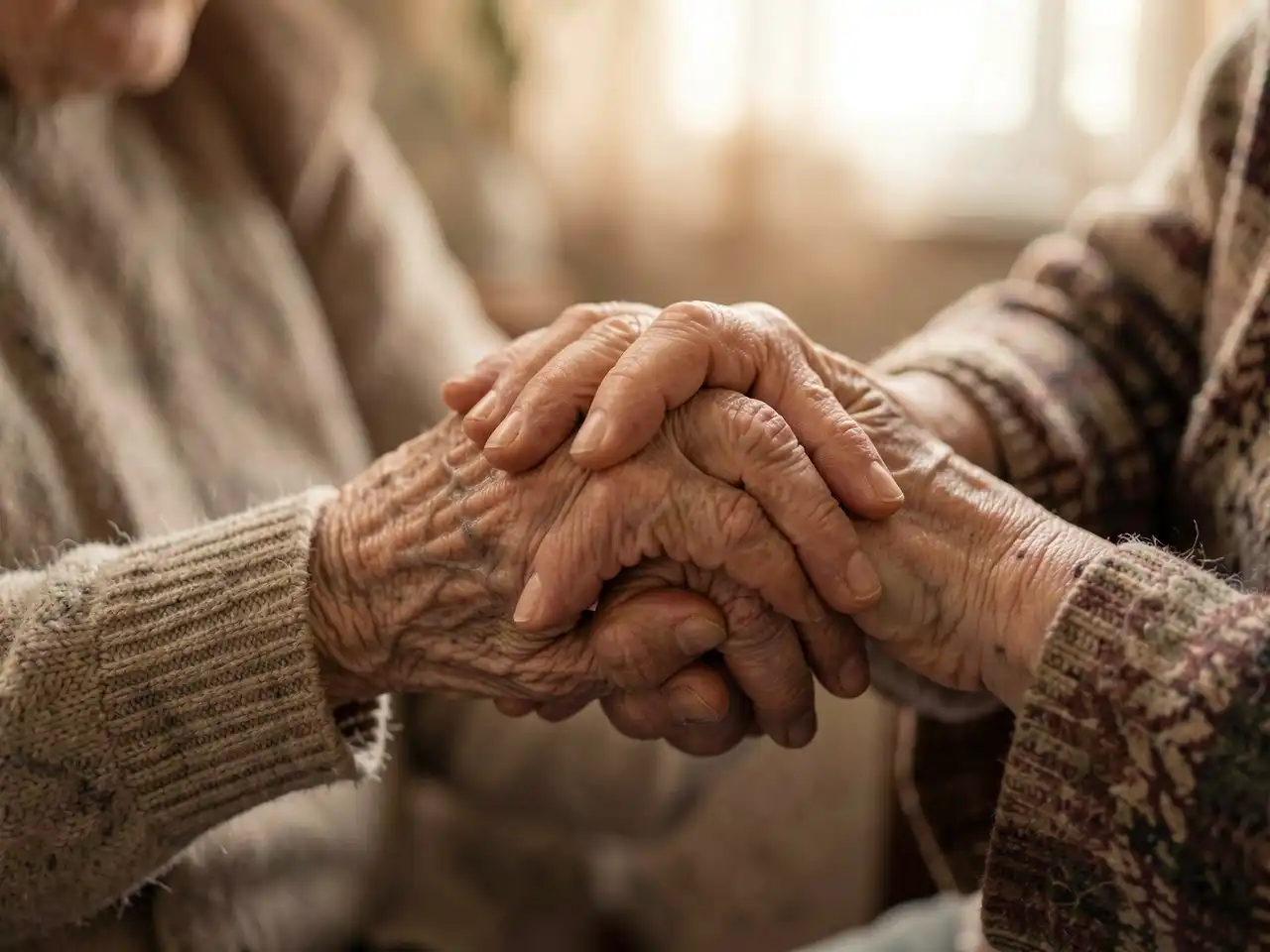 A close-up of an older woman's hands gently holding the hands of an elderly person, symbolizing a lifetime of care and support