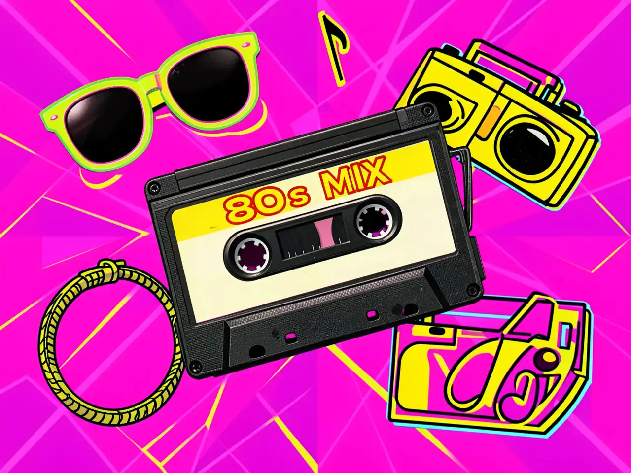 A colorful retro collage with a cassette tape labeled '80s MIX' surrounded by neon sunglasses, a boom box outline, and musical notes on a geometric neon background