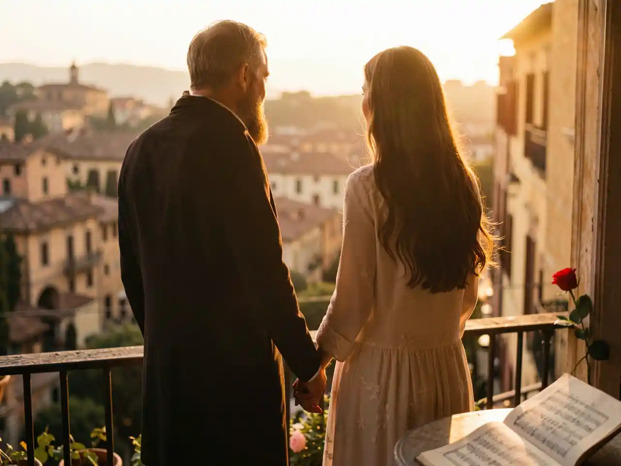 A couple sharing a romantic sunset moment, evoking the enduring love and devotion celebrated in Eros Ramazzotti's song "Por Ti Me Casaré."