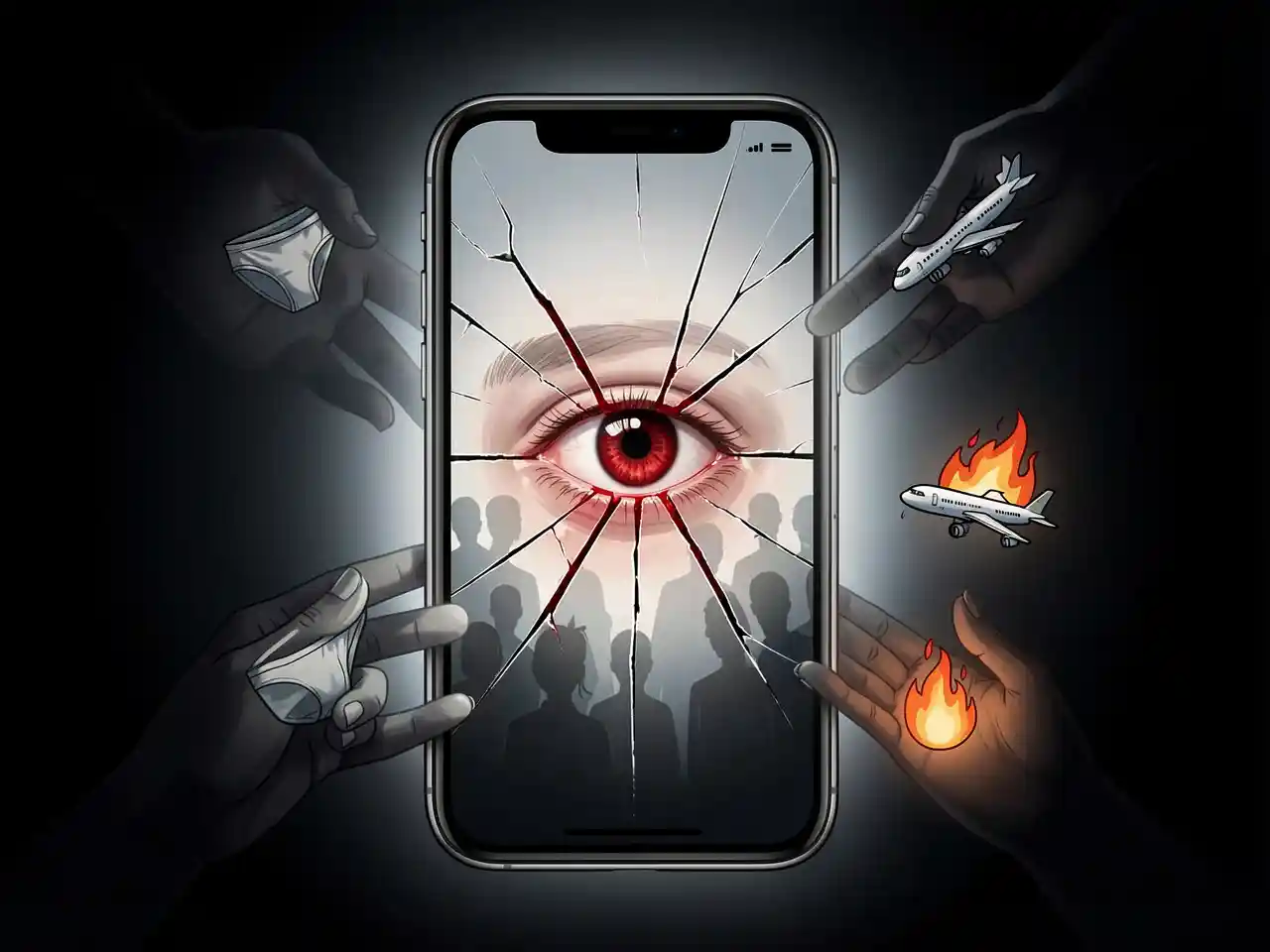 A cracked smartphone screen with a bloodshot human eye staring out, surrounded by shadowy hands holding symbolic objects, representing the trade of dignity for viral attention and views