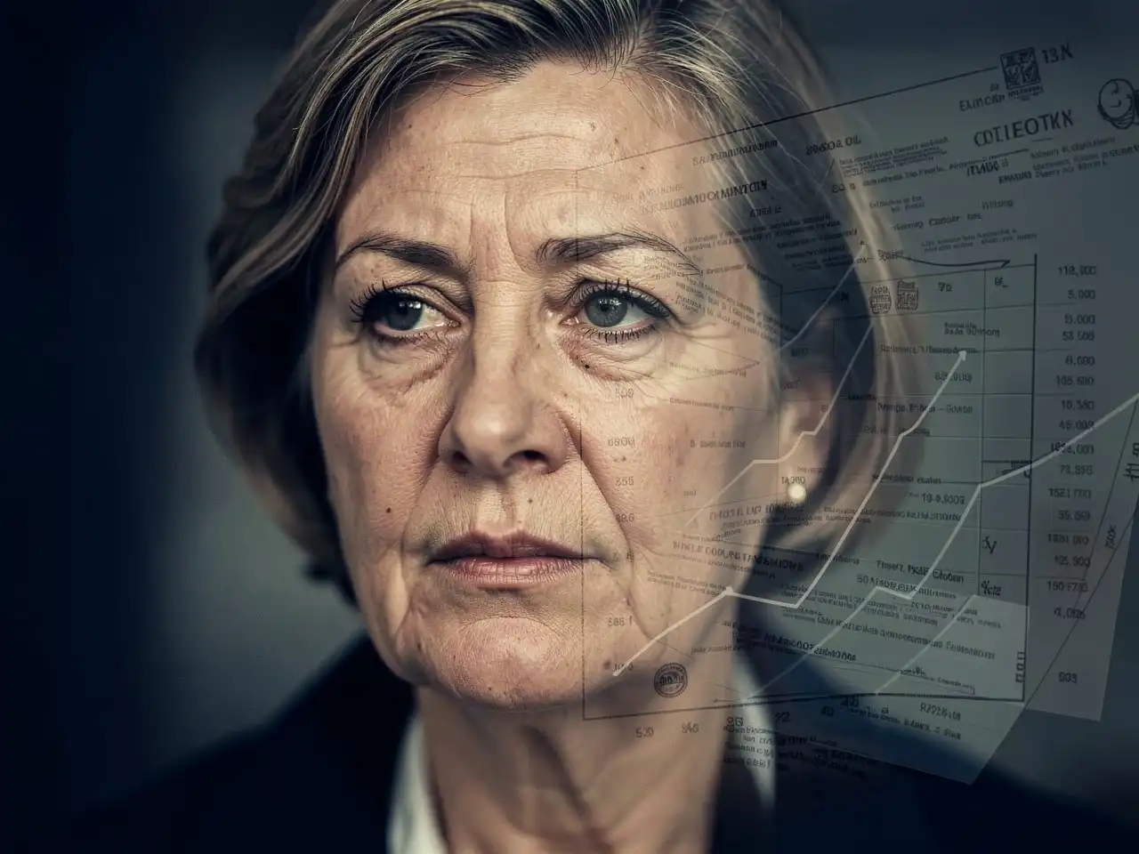 A dignified, close-up portrait of a thoughtful older woman, with faint, ghosted outlines of graphs and documents subtly superimposed