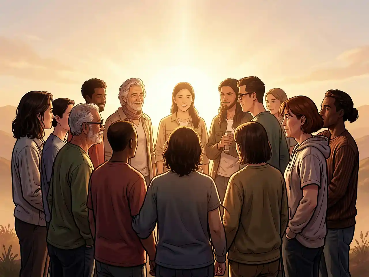 A diverse group of people standing in a circle, looking at each other with attention and respect, bathed in warm, natural light, symbolizing the return of human decency, connection, and common sense
