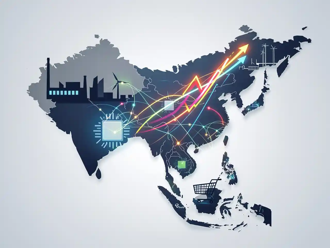 A dynamic map of Asia with icons for manufacturing, technology, and green energy, symbolizing the continent's diverse economic ascent.