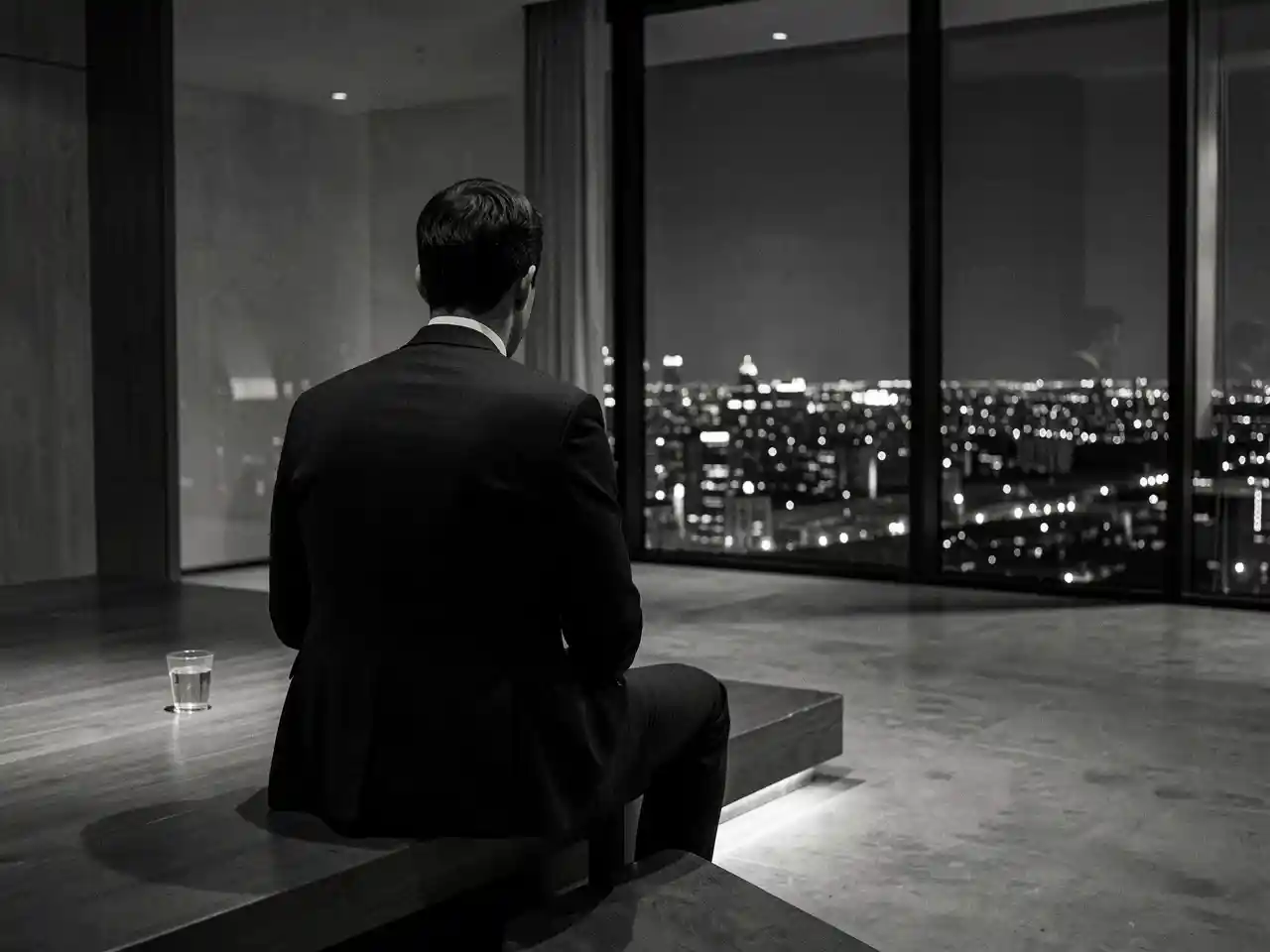 A figure in a suit sitting alone in a dark, luxurious penthouse overlooking a bright city, symbolizing the loneliness and emptiness behind external success and wealth