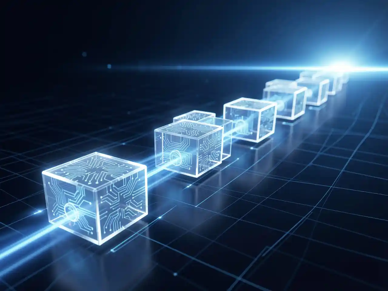 A glowing, interconnected chain of transparent digital blocks in a dark space, symbolizing blockchain technology's security and future potential.