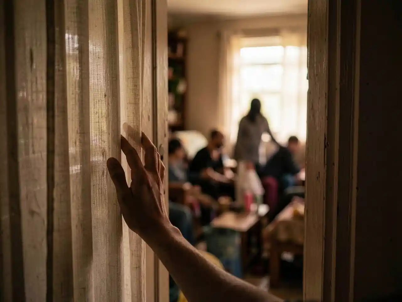 A hand gently parting a curtain at home, symbolizing the quiet search for personal space and peace within a crowded family life.