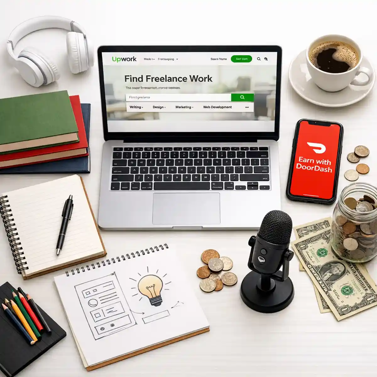 A laptop, smartphone, notebook, and coffee on a desk, symbolizing the variety of flexible and reliable side hustles in the U.S.
