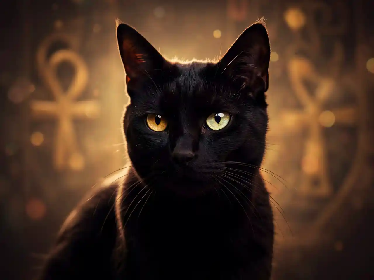 A mystical black cat with luminous eyes, symbolizing the ancient, magical, and spiritual qualities revered across cultures.