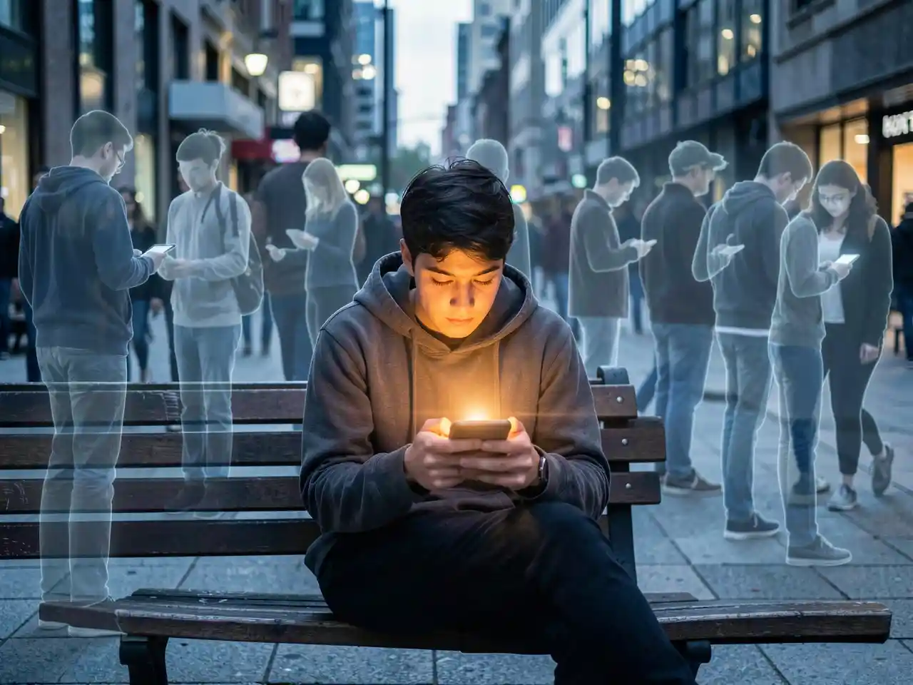 A person alone on a bench, face lit by a phone, surrounded by ghost-like outlines of people facing away, symbolizing loneliness despite constant digital connection