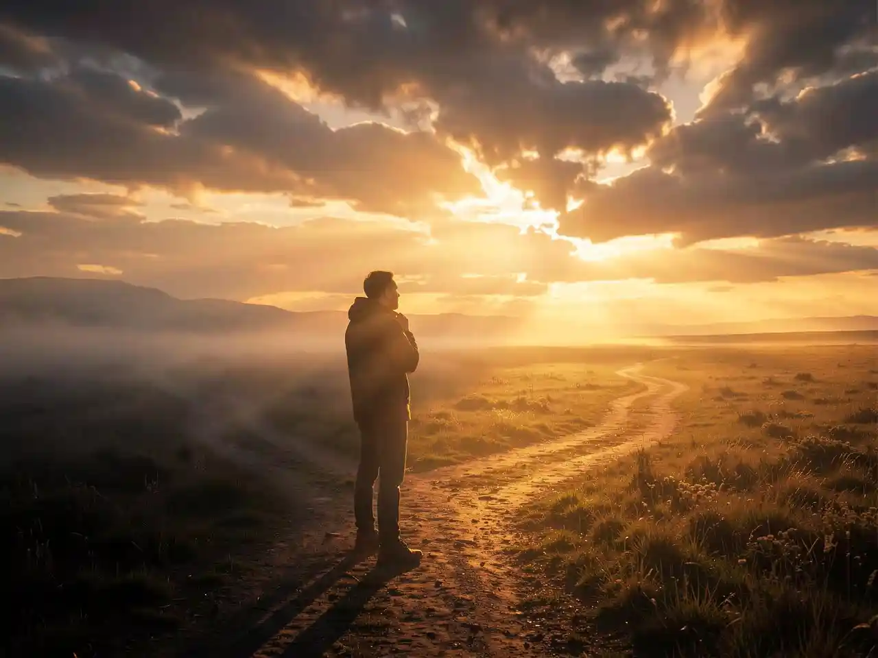 A person at a sunrise crossroads, one path illuminated, symbolizing the choice between divine wisdom and human folly.