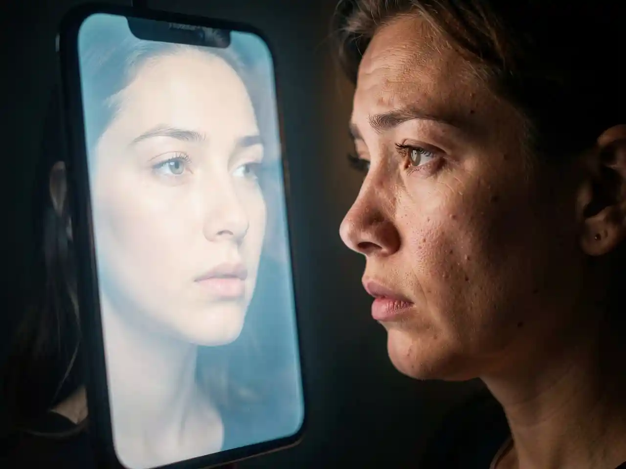 A person looking at their own filtered reflection on a phone, symbolizing the emotional disconnect between digital perfection and authentic humanity.
