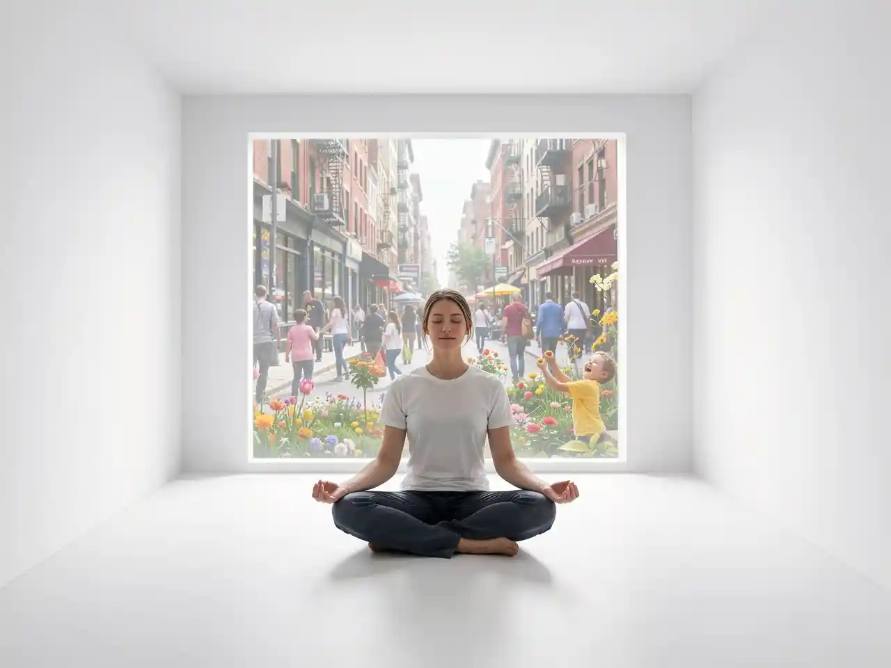 A person meditating serenely in an empty, white, windowless room, with a faint, translucent view of a vibrant, real world outside, symbolizing the dark side of mindfulness without purpose
