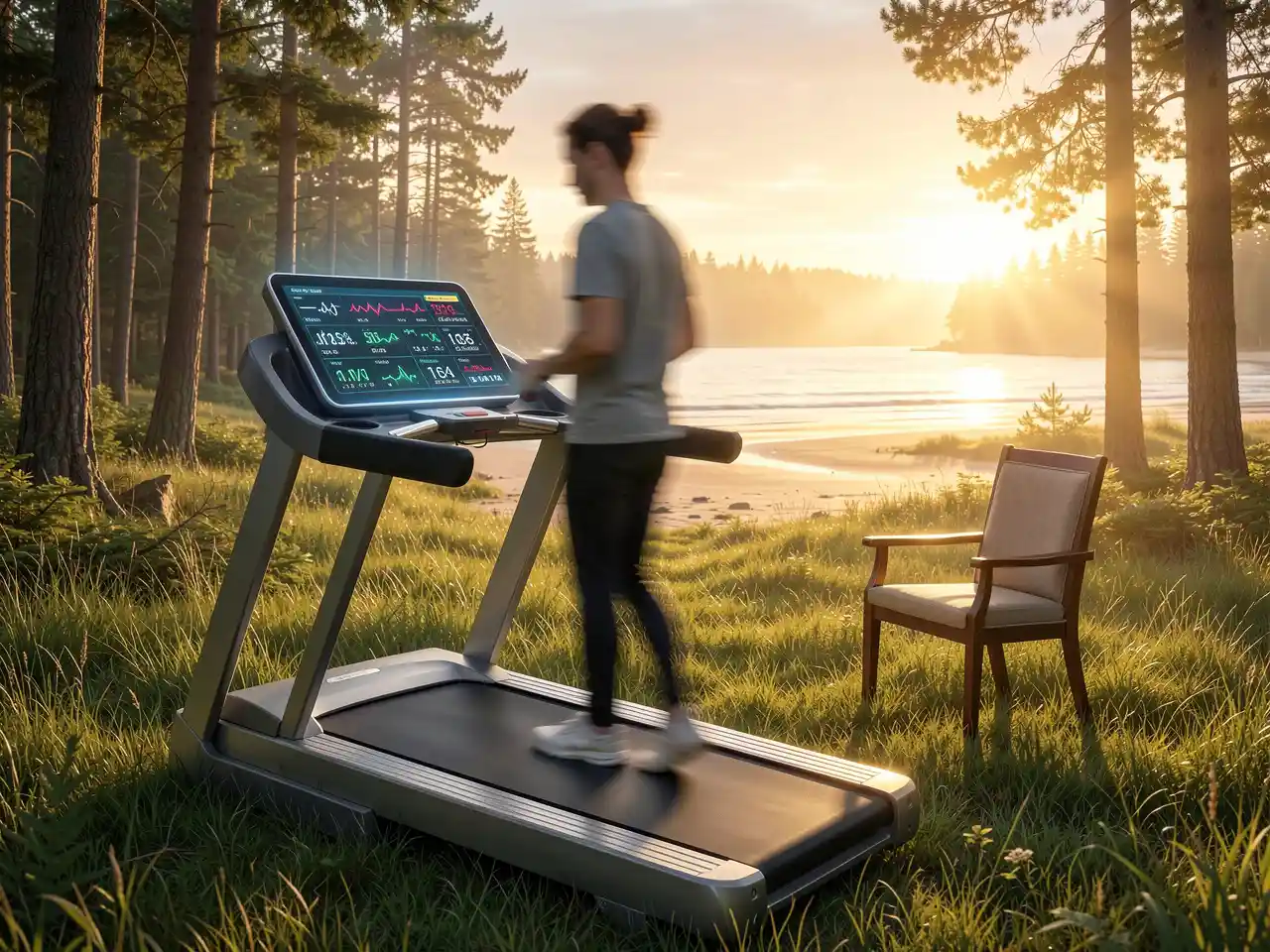 A person on a high-tech treadmill in a serene natural landscape, staring at the glowing metric display, while a simple empty chair nearby is bathed in warm sunlight, symbolizing the trap of self-optimization versus the peace of simply being