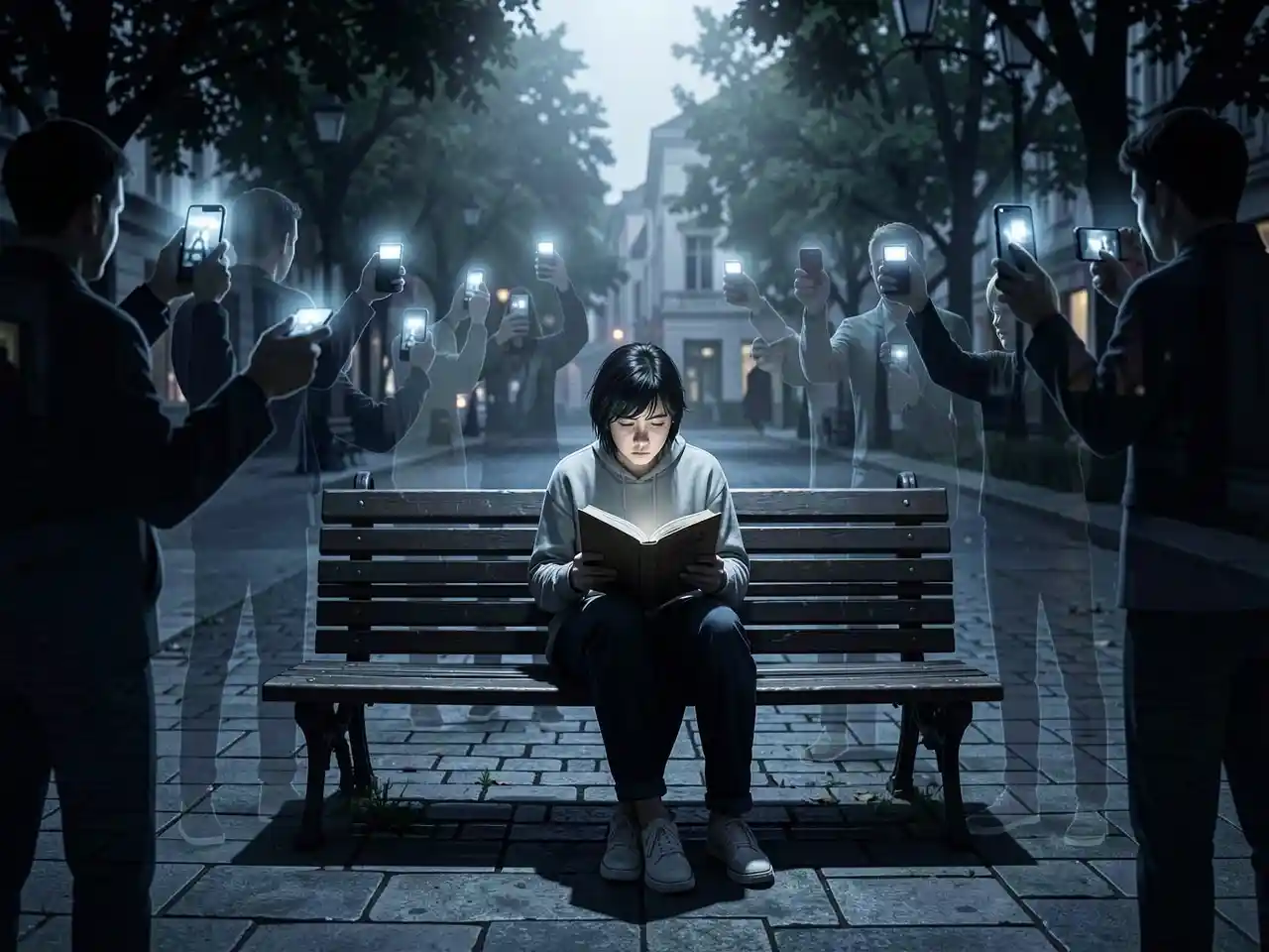 A person sitting alone on a public bench, surrounded by faint, ghost-like silhouettes of people pointing smartphones at them, symbolizing the loss of privacy and solitude in a camera-ready culture