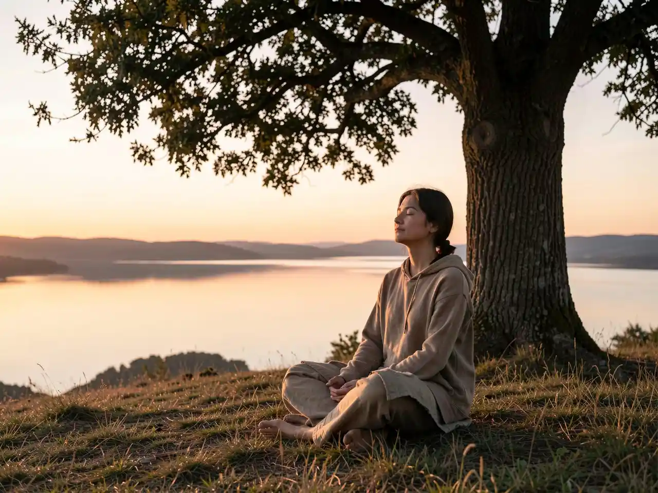 A person sitting peacefully in nature at sunset, symbolizing the quiet joy found when the search for happiness ends.