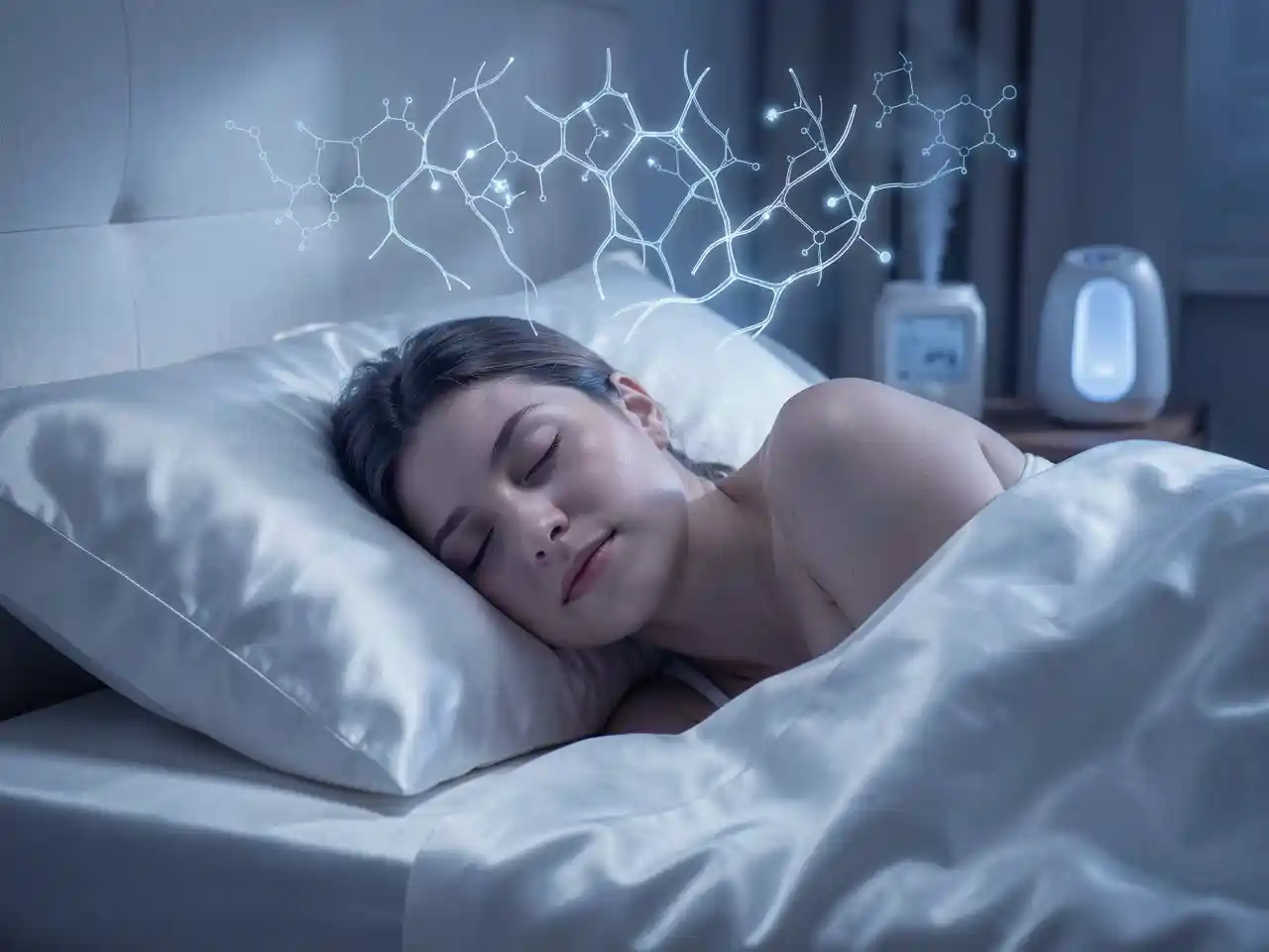 A person sleeping peacefully on a silk pillowcase in soft moonlight, with faint, luminous overlays of collagen and melatonin molecules, representing the science of beauty sleep and overnight skin repair