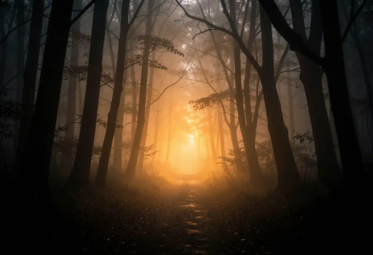 A winding path through a dark forest leading toward a brilliant sunrise, symbolizing a journey of faith