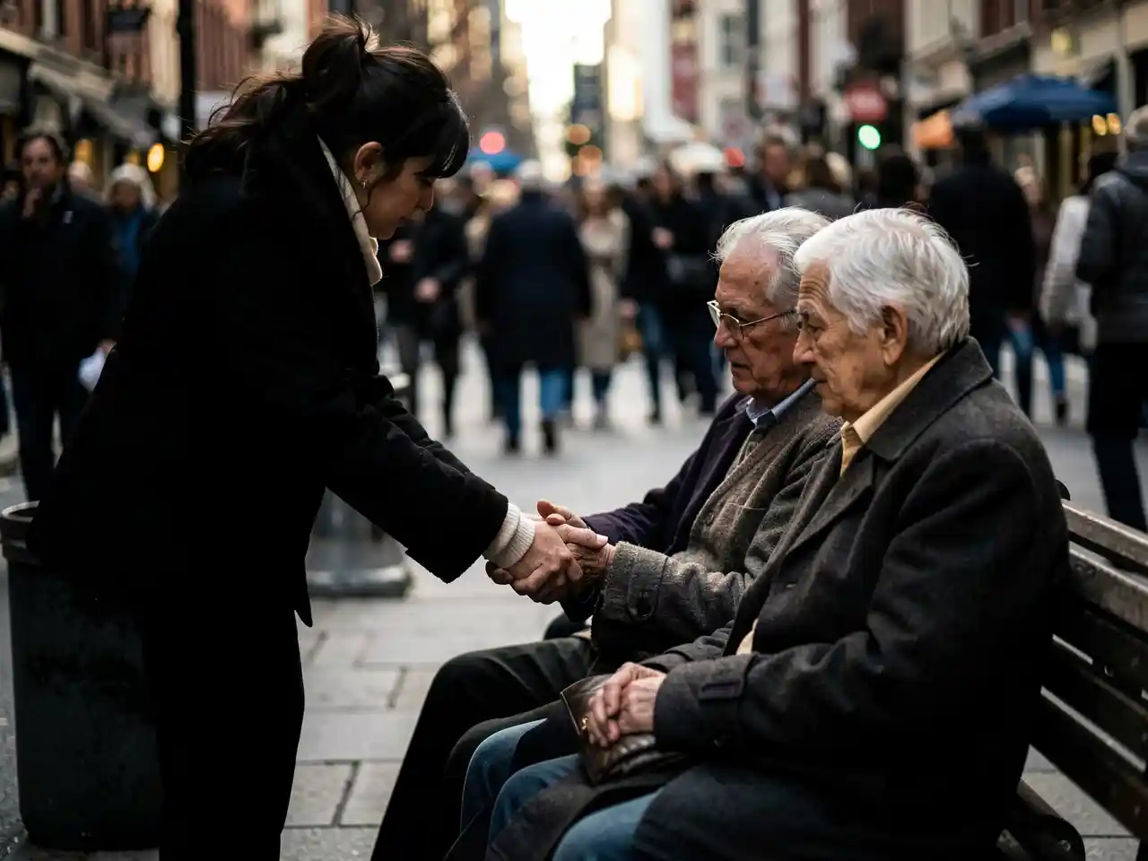 A quiet moment of human connection and empathy in a busy world - artistic photograph representing the return of kindness