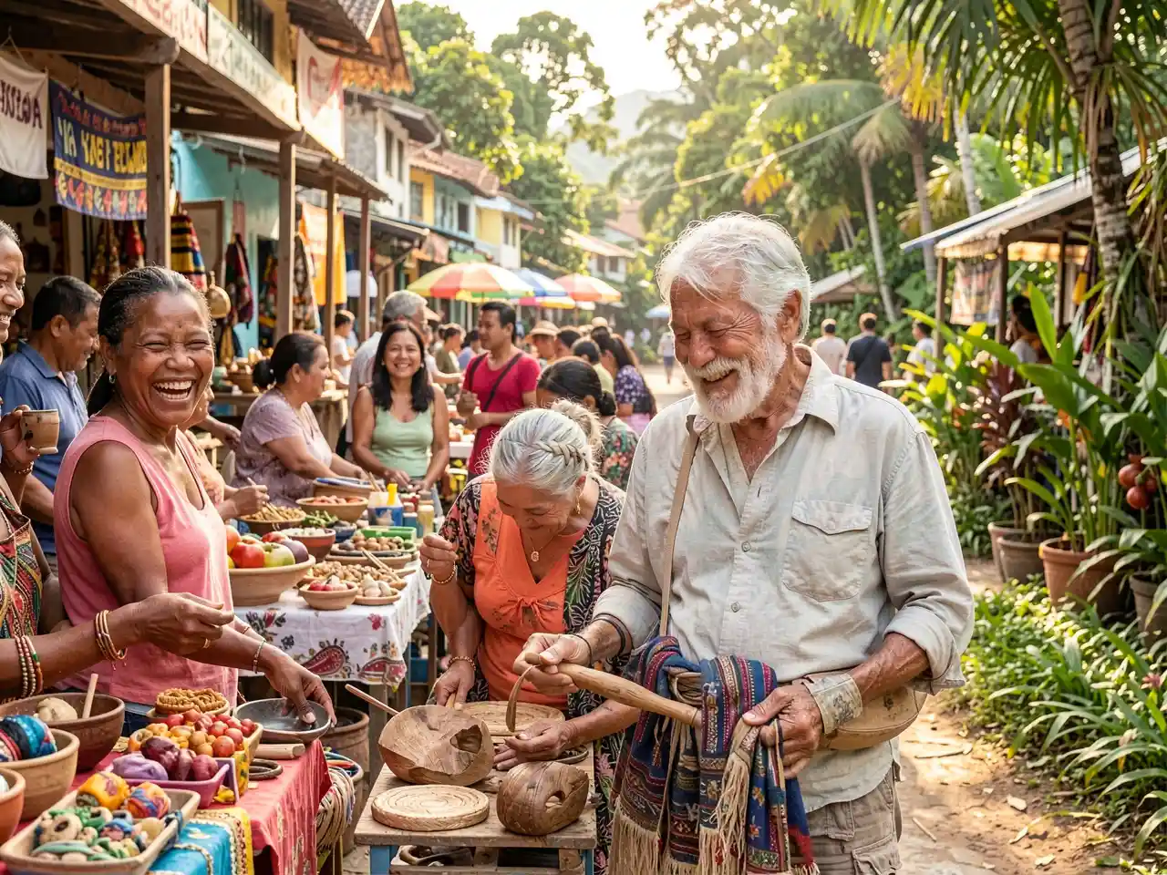 A retiree happily engaged with locals in a new country, symbolizing purposeful living and global community.