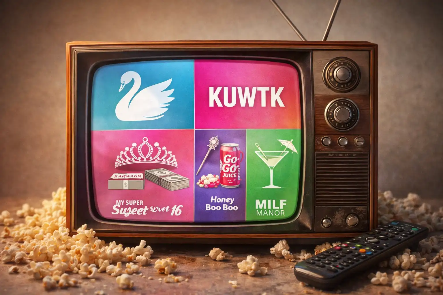 A retro television set with its screen split into five sections, each showing an icon for a reality show: a swan, a lip gloss tube, a tiara, a pageant scepter, and a martini glass, surrounded by spilled popcorn and a remote