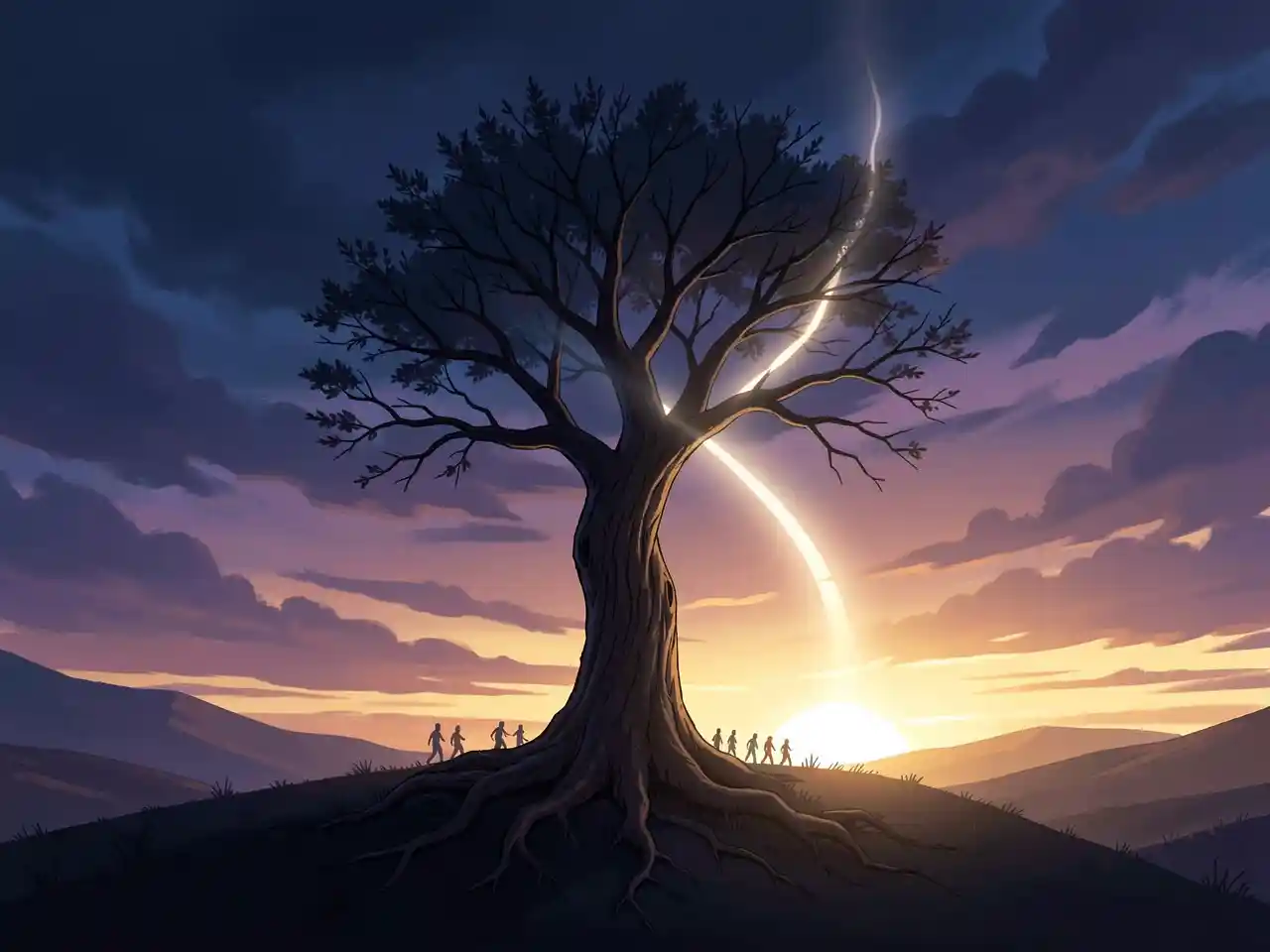A solitary, deeply rooted tree standing strong on a hilltop at dawn, slightly bent but unbroken, with a luminous path of light extending from its branches into a hopeful sunrise