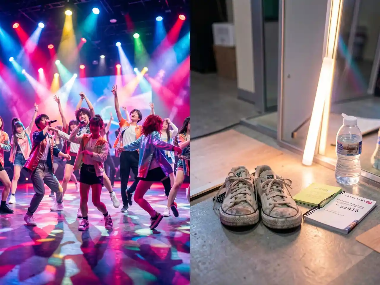 A split-image contrasting a vibrant K-pop performance with practice shoes and a notebook, symbolizing the artistry and hidden dedication behind the music.