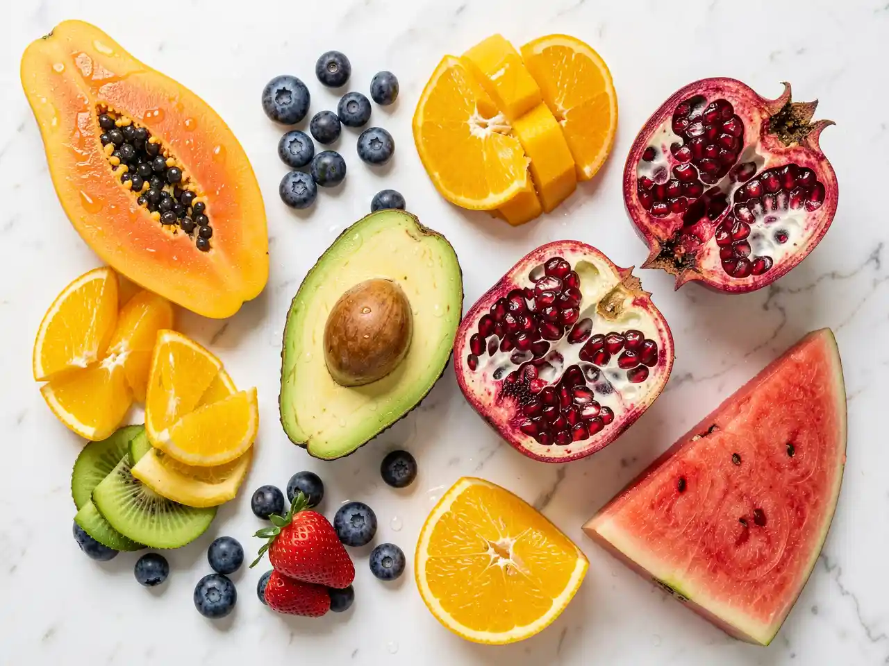 A vibrant flat lay of fresh, sliced fruits including papaya, berries, and citrus, symbolizing natural skincare and a healthy glow from within.